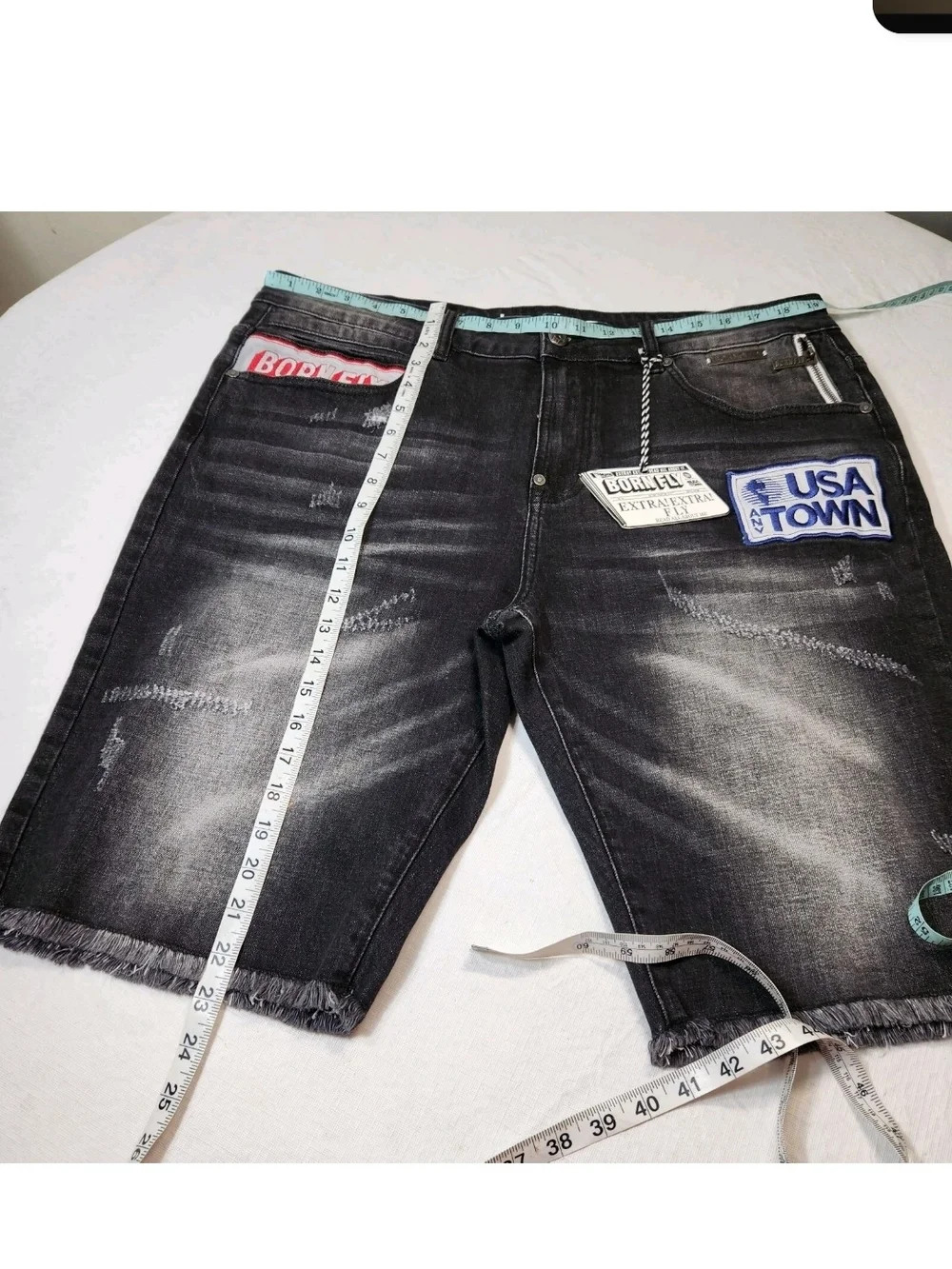 Born Fly Mens Size 36 Shorts Denim Distressed Cutout Patch Design Black Wash 04